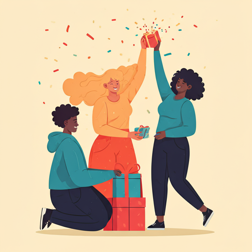 A vibrant, celebratory illustration of diverse people celebrating with confetti and gift boxes.